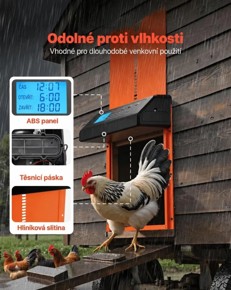 Automatická dvířka do kurníku s časovačem a ochranou proti přiskřípnutí – oranžová